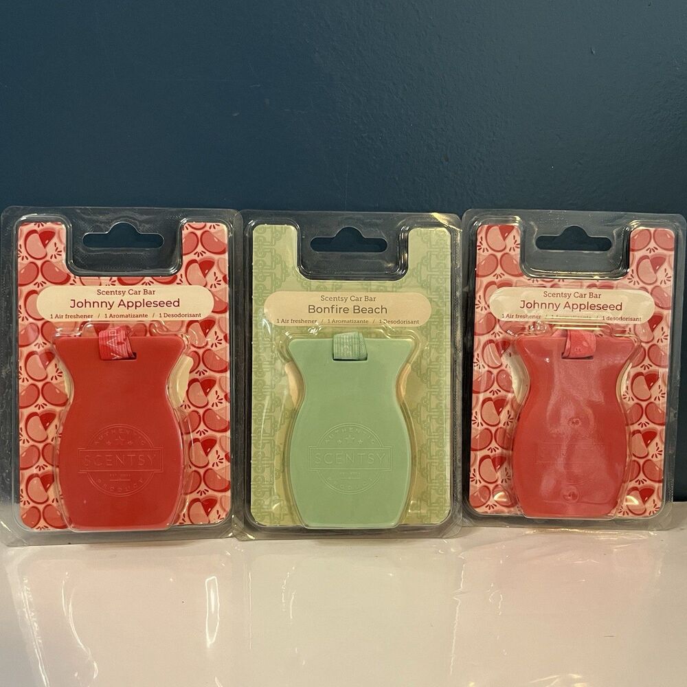 Scentsy Car Bars Lot Of 3 Johnny Appleseed-2 & Bonfire Beach-1 Air Freshener New
